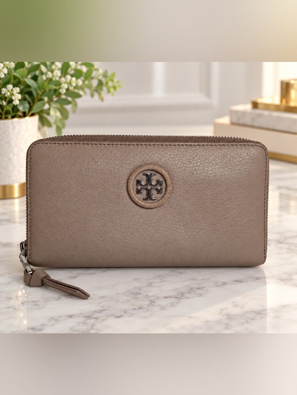 Tory Burch Pebbled Leather Zip Continental Wallet Taupe